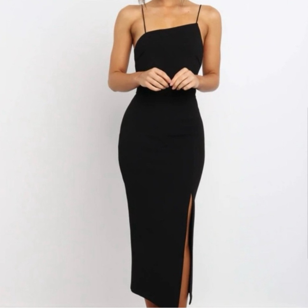 Petal & Pup Zahra Black Asymmetrical Midi Dress Front‎ Split NWT Size 4